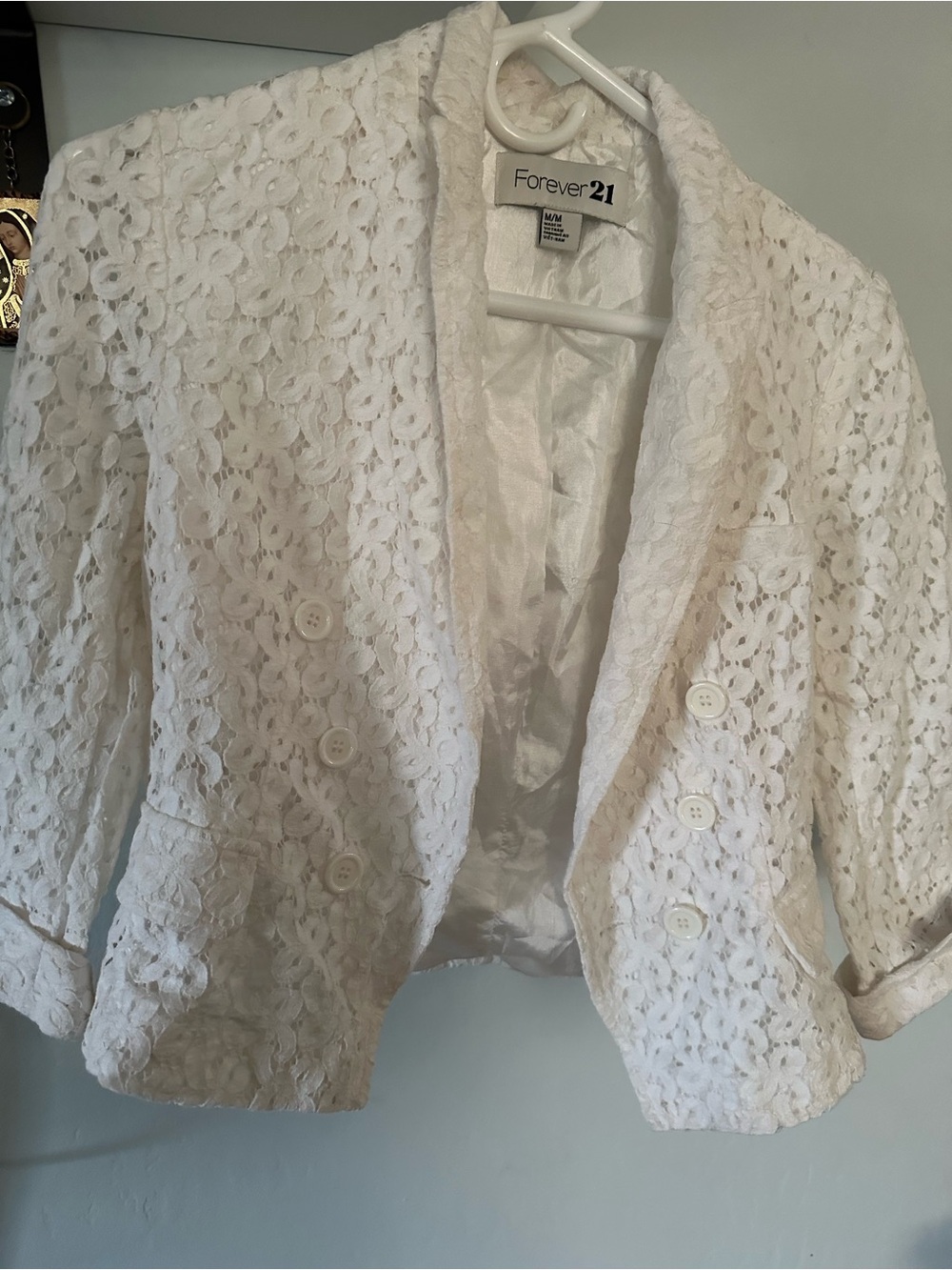 Forever 21 Ivory Lace Double-Breasted Cropped Blazer